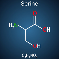 Serine, Ser amino acid molecule. It is used in the biosynthesis of protein. Structural chemical formula on the dark blue background
