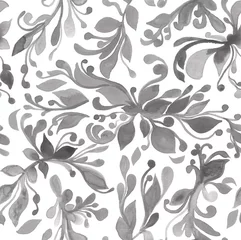 Gordijnen Aquarel grijze naadloze patroon op een witte achtergrond, krullen, vloeiende lijnen, elegante print. Ontwerp voor behang, stof, textiel, verpakking, bruiloftsontwerp. Vintage kunst, volksschilderkunst. © t.karnash