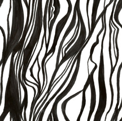 Abstract lines of the seamless pattern ornament. The Wallpaper is black and white. Hand-drawn graphics. Design of Wallpaper, fabric, cover, packaging.