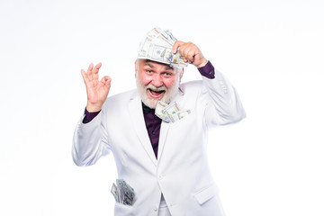 Savings system life insurance. Senior man pensioner hold cash money. Earn money profit. Cash security. Rich grandpa. Successful lucky businessman. Banking and money savings. Richness and wellbeing