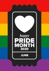 LGBT Pride Month in June. Lesbian Gay Bisexual Transgender. Celebrated annual. LGBT flag. Rainbow love concept. Human rights and tolerance. Poster, card, banner and background. Vector ilustration