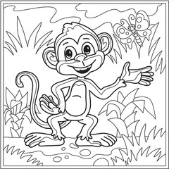 stylization of a monkey, cuddles on the grass against the background of the forest,, for coloring for adults and children, t-shirts with a picture, a poster, etc.