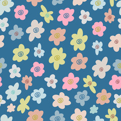 Modern seamless vector botanical colourful pattern with cute simple cartoon flowers. Can be used for printing on paper, stickers, badges, bijouterie, cards, textiles, kids clothes and sheets. 