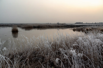 Szron i mgła nad rzeką, Dolina Narwi,Rzeka Narew, Podlasie, Polska © podlaski49