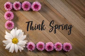 Think Spring concept on wooden board with pink purple chrysanthemums flower border flat lay