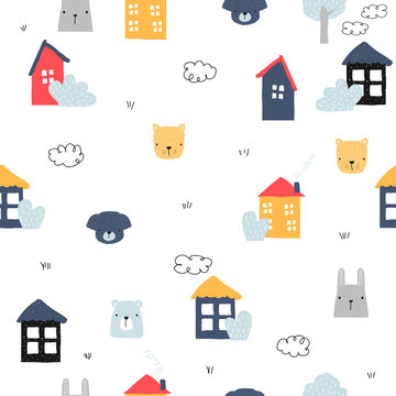 Seamless pattern with cartoon animals and houses. Cute childish print. Vector hand drawn illustration.