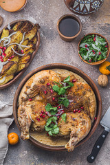 georgian cuisine - chkmeruli, grilled chicken with cream and garlic sauce