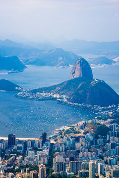 Panoramic view of Rio with Botofago and Sugar Loaf mountain from  Corcovado, Rio de Janeiro, Brazil