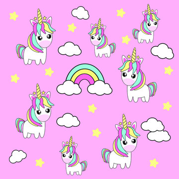 Unicorn seamless pattern with pastel pink background. Kids cute happy cartoon with unicorn, rainbow, stars, clouds for baby clothes, nursery art, sticker, print. Kawai Vector illustration.