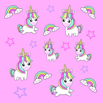 Unicorn seamless pattern with pastel pink background. Kids cute happy cartoon with unicorn, rainbow, stars for baby clothes, nursery art, sticker, print. Kawai Vector illustration.