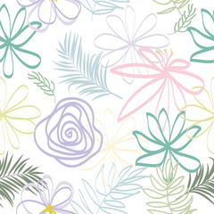 Seamless vector pattern pastel abstract flowers and tropical leaves on white background