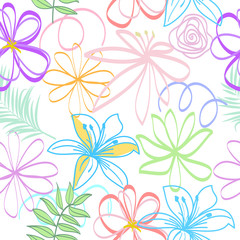 Seamless vector pattern abstract flowers and tropical leaves on white background