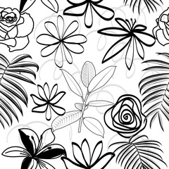 Seamless vector pattern abstract black flowers and tropical leaves on white background