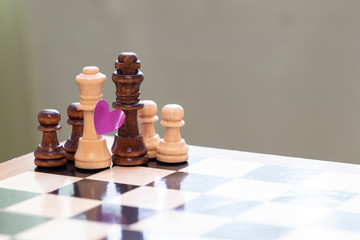 Chess pieces on a chessboard. The image and simaol of interracial families and marriages.