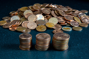 European money - 1 cent, 2 cents and 5 cents.