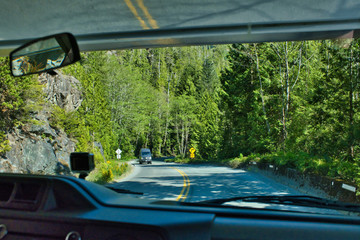 Scenic forest road during a vibrant summer day. Taken from camper, Ucluelet and Tofino, Vancouver Island, BC, Canada