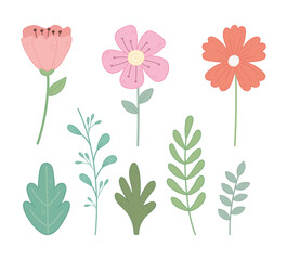 flowers leaves branch foliage nature icons set