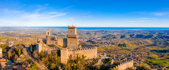 Beautiful aerial scenic view of Guaita fortress on Monte Titano with San Marino city in background...
