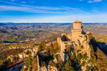 Beautiful aerial scenic view of Guaita fortress on Monte Titano with San Marino city in background...