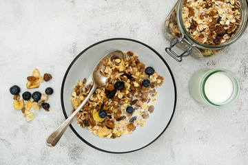 Whole oats breakfast, granola with dried fruit and blueberry, milk and honey. Healthy food, clean...