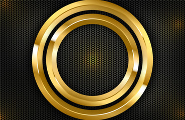 Luxury elegant background with shiny gold circle element on dark black carbon surface. Business presentation layout