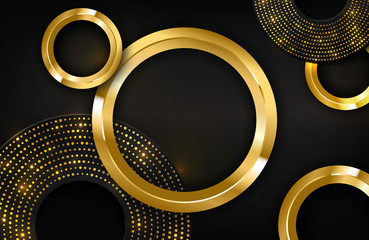 Luxury elegant background with shiny gold circle element on dark black carbon surface. Business presentation layout