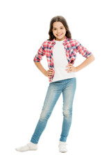Fototapeta premium Loving her new style. Happy child in casual style isolated on white. Fashion and style. Fashion look of vogue model. Beauty and look. Her look always going to be in style
