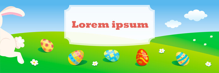 Naklejka premium Easter banner with colorful eggs and a running rabbit. Space for text