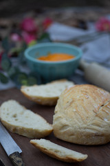Artisan bread sliced and spread with vegan carrot pate