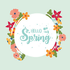 Fototapeta premium happy spring round lettering flowers border decoration