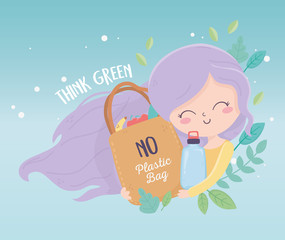 cute girl with bottle and bag leaves nature environment ecology
