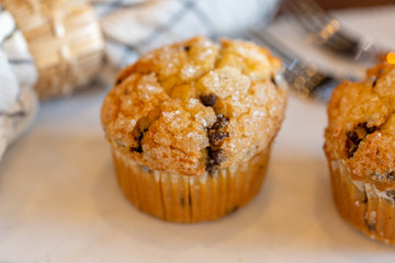 Muffins on modern marble serving board