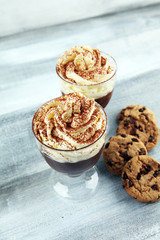 hot chocolate with cocoa and chocolate chip cookies and whipped cream