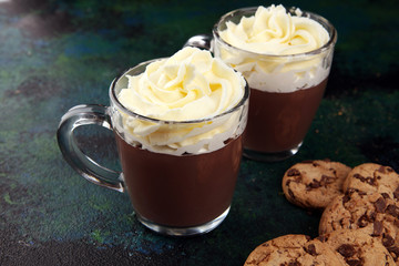 hot chocolate with cocoa and chocolate chip cookies and whipped cream