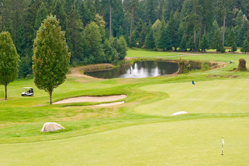 Golf place with gorqeous green and pond.
