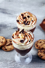 hot chocolate with cocoa and chocolate chip cookies and whipped cream