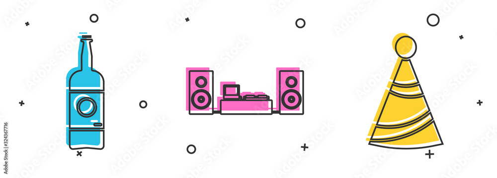 Sticker Set Beer bottle , Home stereo with two speakers and Party hat icon. Vector