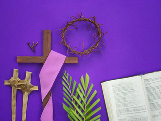 Good Friday, Lent Season, Ash Wednesday and Holy Week concept. A Christian cross, three rusty...