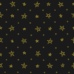 Seamless pattern of yellow stars on a dark background. Hand drawn elements. Vector.
