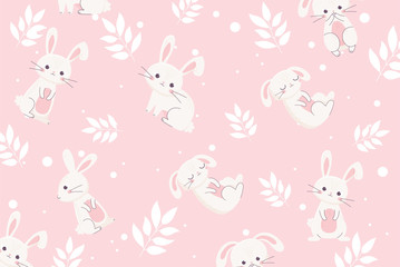happy easter day white bunnies floral decoration banner pink background