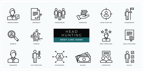 Headhunting and Recruiting set - minimal thin outline, web icon and symbol collection – recruitment, skills, leadership, key employee, career, education. Simple edgy vector illustration.
