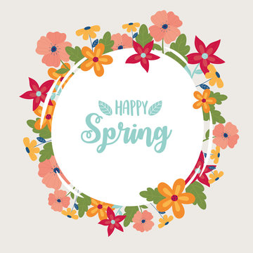 happy spring round banner flowers frame decoration