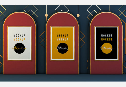 3 Hanging Posters on Geometric Wall Mockup