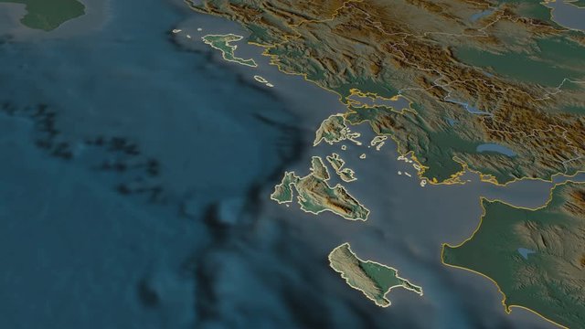 Ionian Islands, decentralized administration with its capital, zoomed and extruded on the relief map of Greece in the conformal Stereographic projection. Animation 3D