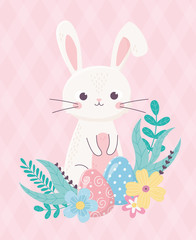 happy easter cute rabbit and egg flowers foliage cartoon
