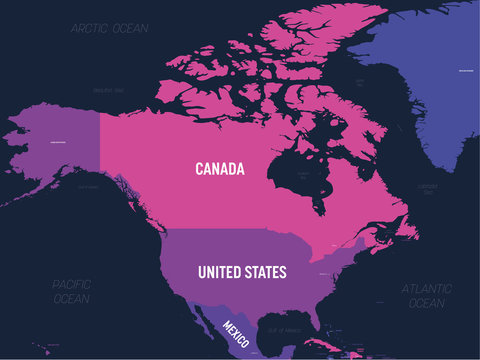 North America Map. High Detailed Political Map North American Continent With Country, Capital, Ocean And Sea Names Labeling