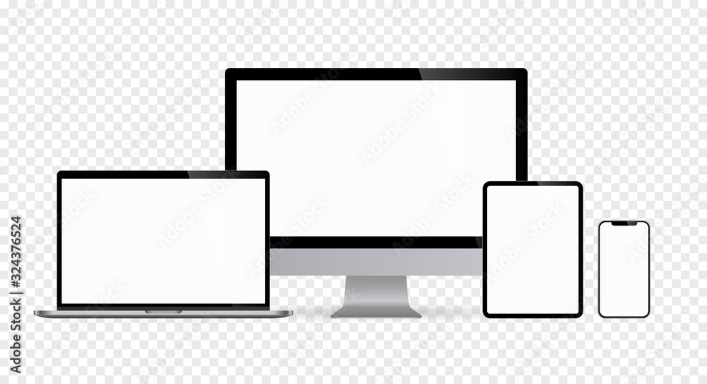 Wall mural realistic set of computer monitors desktop laptop tablet and phone with white screen and checkerboar