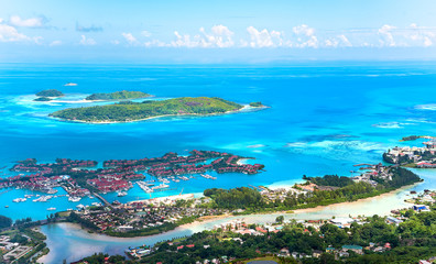 Aerial view on Eden Island Marina in Victoria city, Seychelles. The Eden Island Marina is the home of hundreds of yachts, reaching from small boats to impressive big ships.