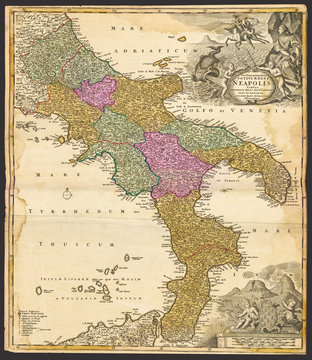 Southern Italian peninsula map: Homann, Johann Baptist, 1663-1724 (Cartographer). Decorative map of the Kingdom of Naples, with cartouches showing cherubs. Mt Vesuvius in the lower right corner.