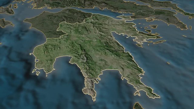 Peloponnese, decentralized administration with its capital, zoomed and extruded on the satellite map of Greece in the conformal Stereographic projection. Animation 3D